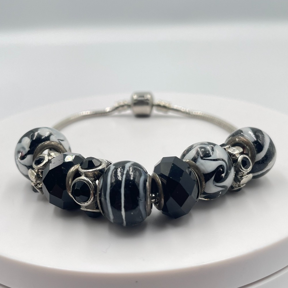 Vintage Gothic Black & White Murano Glass European Charm Snake Chain Bracelet